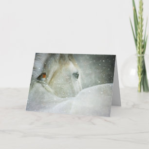 Festiva tarjeta de saludo de caballo en invierno