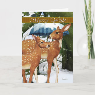 Festiva Tarjeta de saludo de ciervos Merry Yule Doe y Fawn