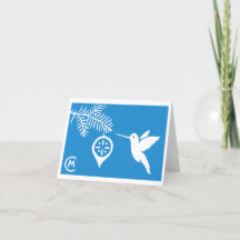Tarjeta de saludo de colibrí navideño en azul
