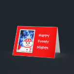 Festiva Tarjeta De Saludo De Diseño Noche De FROSTY Snowma<br><div class="desc">¡Saludos de vacaciones alegres y divertidos! Un hombre de nieve sensacional,  divertido y sonriente contra un helado cielo nocturno. Cuta tarjeta de felicitación de snowman para enviar los deseos de vacaciones! Póngase en contacto conmigo en rjjamiesoncustom@gmail.com para obtener ayuda.</div>