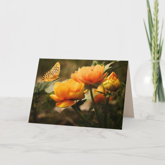Festiva tarjeta de saludo de flores de mariposa (Anverso)