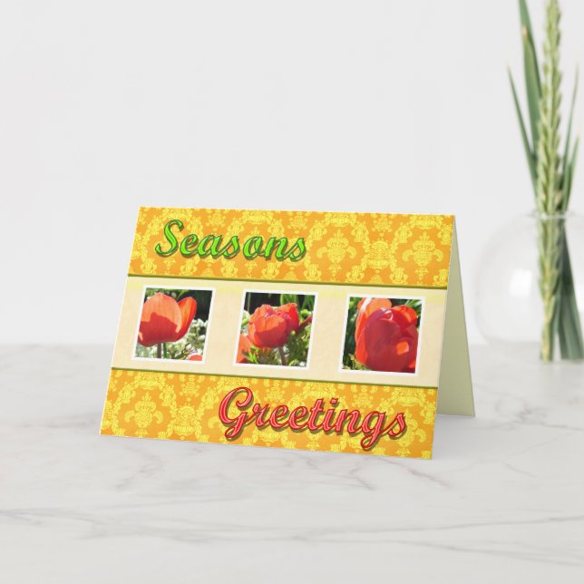 Festiva Tarjeta de saludo de flores rojas de temporada. (Anverso)