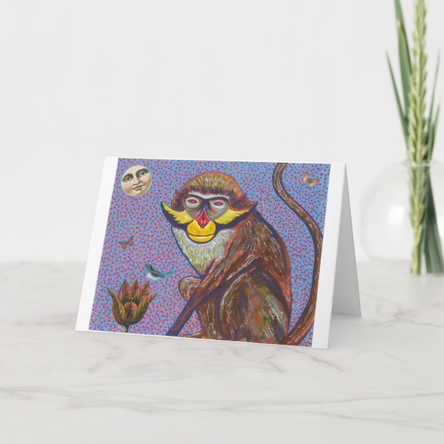 Festiva tarjeta de saludo de mono de lecho rojo (Anverso)