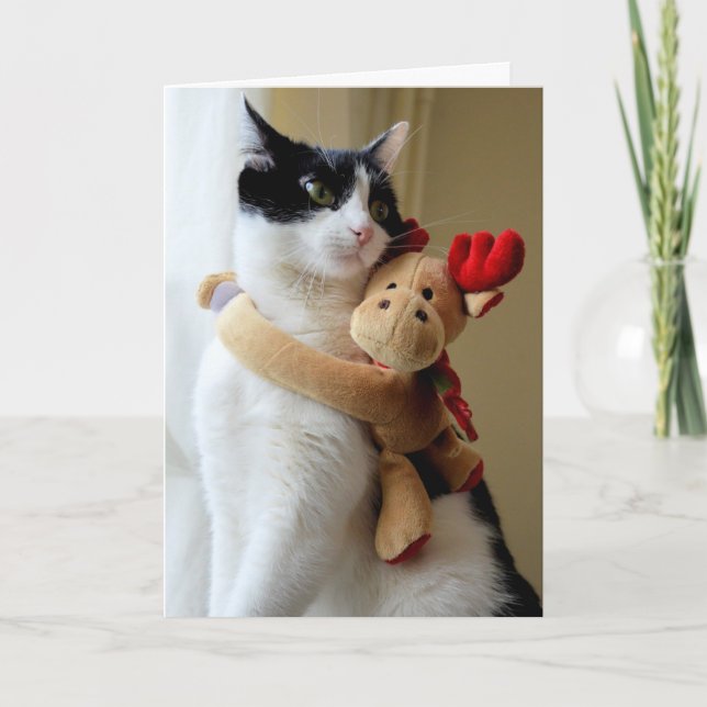Festiva Tarjeta de saludo de Navidades de gato Moose Huggi (Anverso)