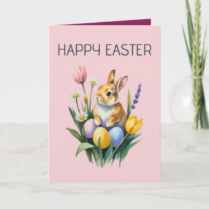 Festiva Tarjeta de saludo de Pascua floral de conejito lin