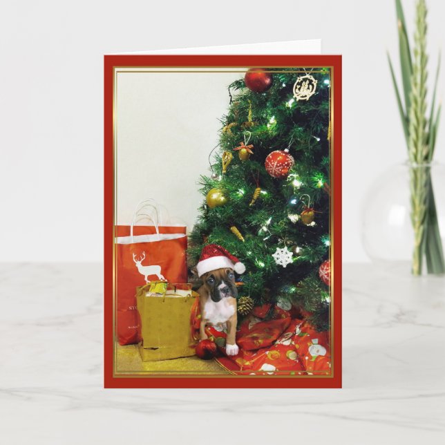 Festiva tarjeta de saludo de perro boxeador navidades (Anverso)