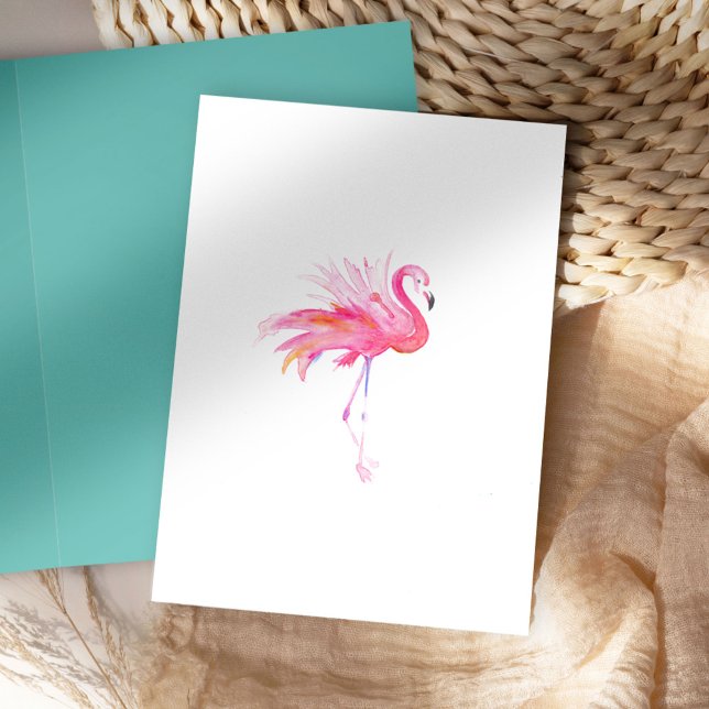 Festiva Tarjeta de saludo de Regalos de flamenco rosa de c (folded notecard watercolor pink flamingo on white background blank inside art Victoria Grigaliuanas)