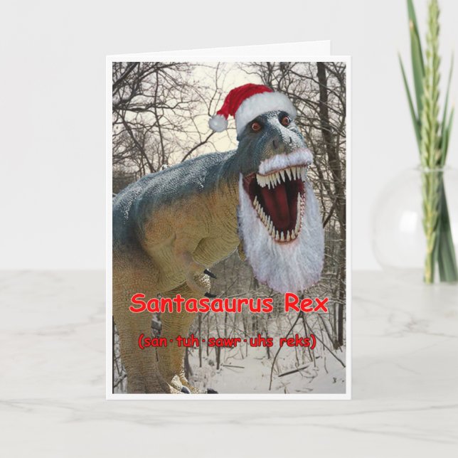 Festiva Tarjeta de saludo de Santasaurus Rex Holiday con v (Anverso)