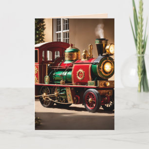 Festiva tarjeta de saludo de tren para navidades de vapor