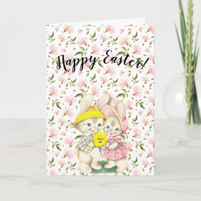 Festiva Tarjeta de saludo floral Spring Bunny Couple Flora (Anverso)