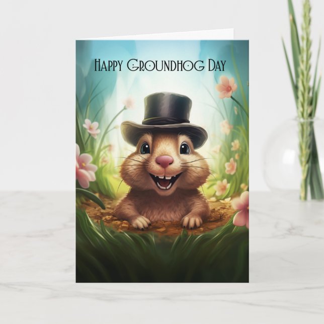 Festiva Tarjeta De Saludo Groundhog Day Con Cute Groundhog (Anverso)