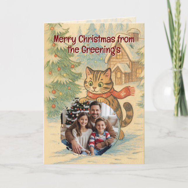 Festiva Tarjeta de saludo para Navidades familiares y gato (Anverso)