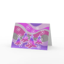 Tarjeta de saludos púrpura de árboles de invierno