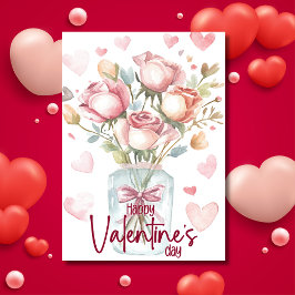 Festiva Tarjeta de San Valentín de frasco de rosa de acuar