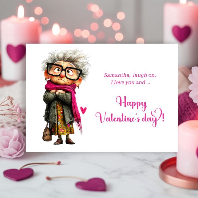 Festiva Tarjeta de San Valentín de Señora Mayor Enojada y  (Funny Angry Old Lady Valentine Card Hot Pink)