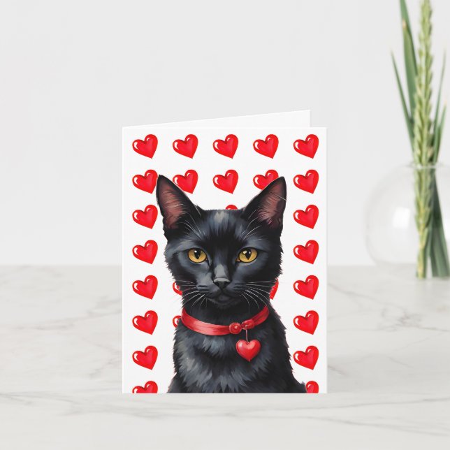 Festiva Tarjeta de San Valentín perfecta para gato negro y (Anverso)