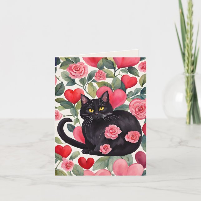 Festiva Tarjeta de San Valentín perfecta para gatos negros (Anverso)