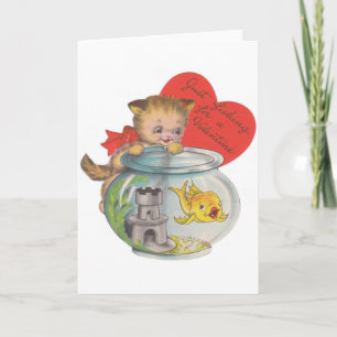 Festiva Tarjeta de San Valentín Retro Kitten and Fish