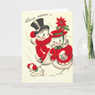 Festiva Tarjeta de Snowman y Snowwoman vintage