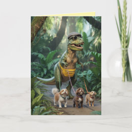 Festiva Tarjeta de T-Rex paseando al perro