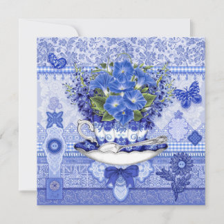 Festiva Tarjeta de taza de porcelana azul y flores