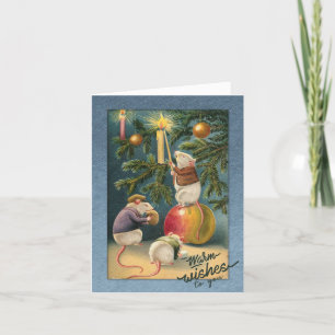Festiva Tarjeta de tres Navidades de ratones decoran árbol