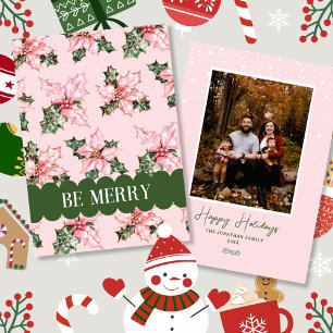 Festiva Tarjeta de vacaciones Be Merry Pink Snow Florales 