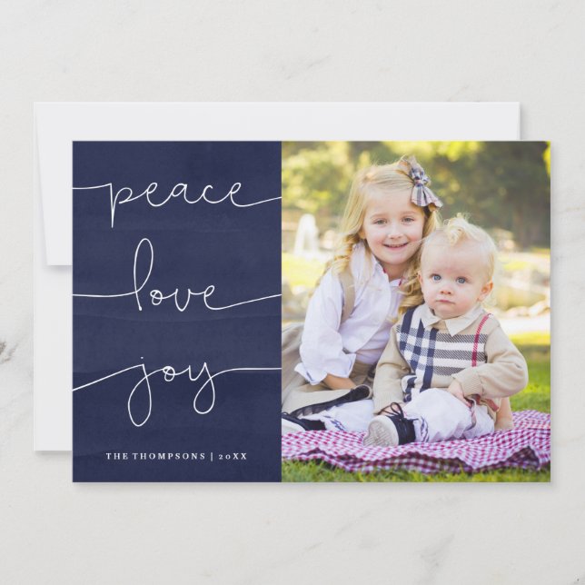 Festiva Tarjeta de vacaciones Blue Painted Peace Love Joy  (Anverso)