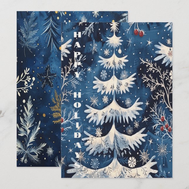 Festiva Tarjeta de vacaciones Blue White Christmas Tree (Anverso / Reverso)