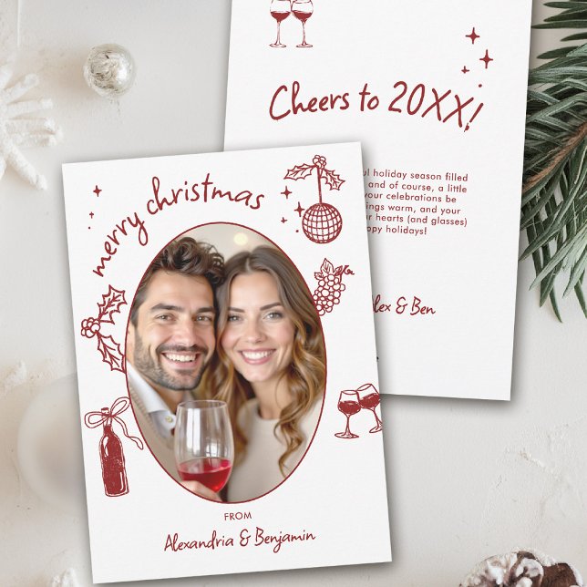 Festiva Tarjeta de vacaciones con foto caprichosa dibujada (wine lover holiday christmas photo card drinks hand drawn winery friendsmas)