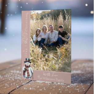 Festiva Tarjeta de vacaciones con foto de muñeco de nieve 
