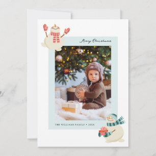 Festiva Tarjeta de vacaciones con foto de muñeco de nieve