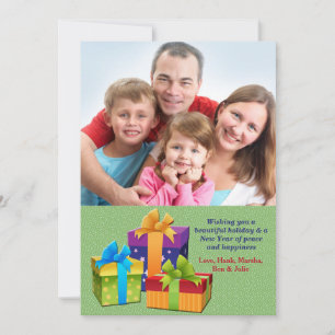 Festiva Tarjeta de vacaciones con foto de tres regalos