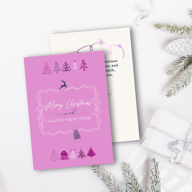 Festiva Tarjeta de vacaciones de arco y árboles doodle pas (Festive Bow & Chic Trees Doodle Pastel Lavander Holiday Card)