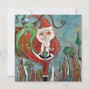 Festiva Tarjeta de vacaciones de arte de Santa y Krampus t