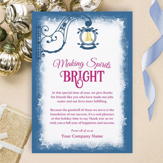 Festiva Tarjeta de vacaciones de campana nostálgica azul o (blue company holiday party invitations, blue and berry pink christmas greeting cards for employees)