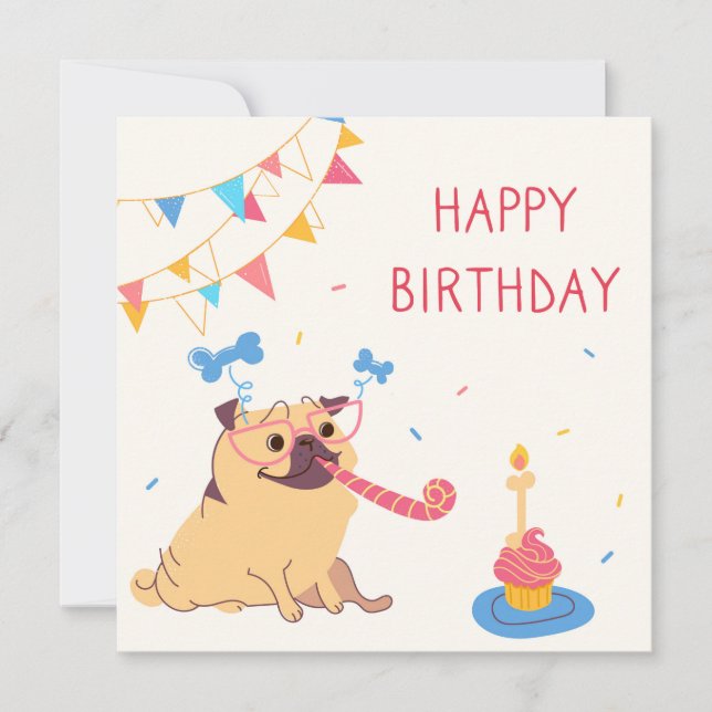 Festiva Tarjeta de vacaciones de cumpleaños Pug (Anverso)