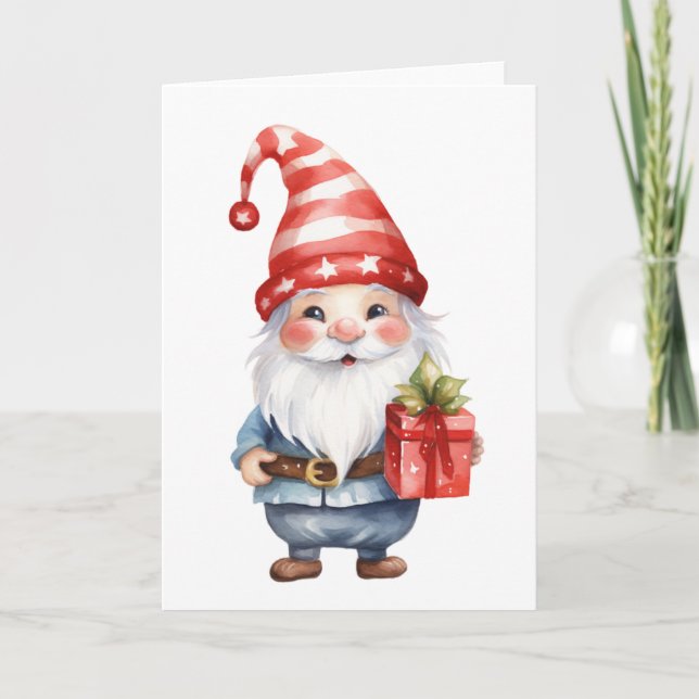 Festiva Tarjeta de vacaciones de duende alegre con regalos (Anverso)