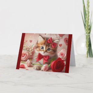 Festiva Tarjeta de vacaciones de gatito con rosas y corazo