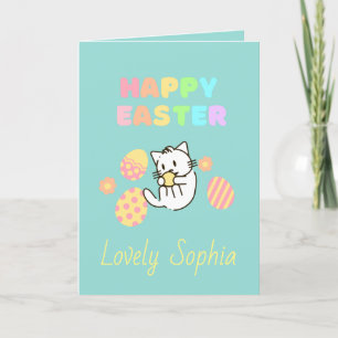Festiva Tarjeta de vacaciones de gato Feliz Pascua azul ci