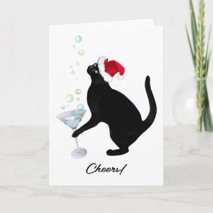 Festiva Tarjeta de vacaciones de gato negro bebiendo marti