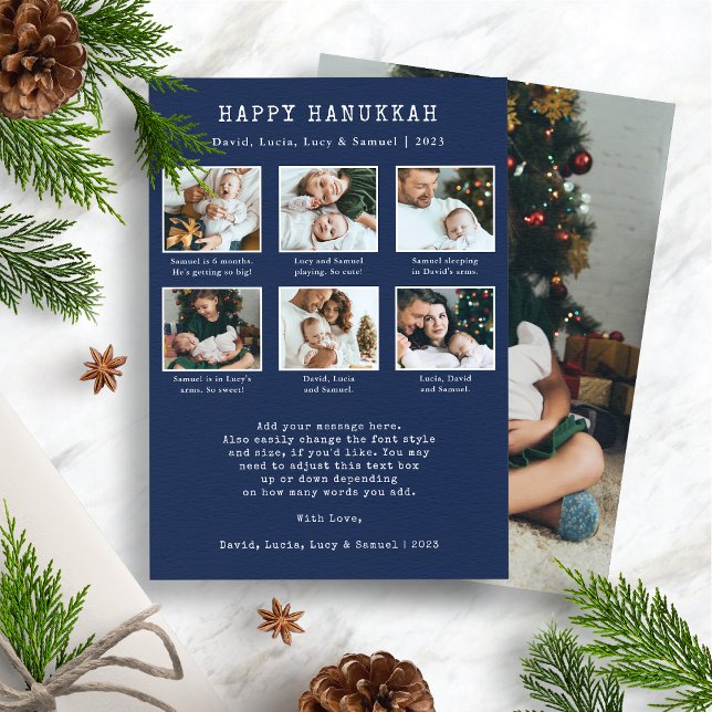 Festiva Tarjeta de vacaciones de Hanukkah feliz (Merry Christmas Photo Collage Holiday Card - Navy Blue and White)