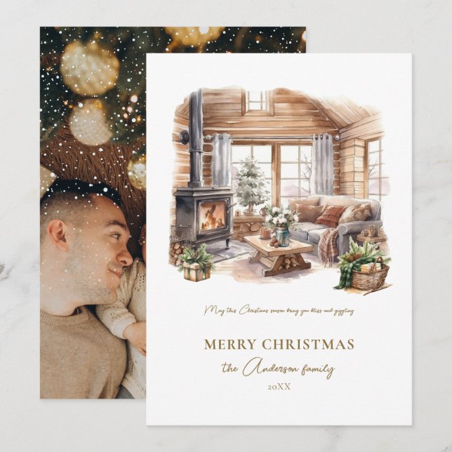 Festiva Tarjeta de vacaciones de hogar acogedor con foto e (Anverso / Reverso)