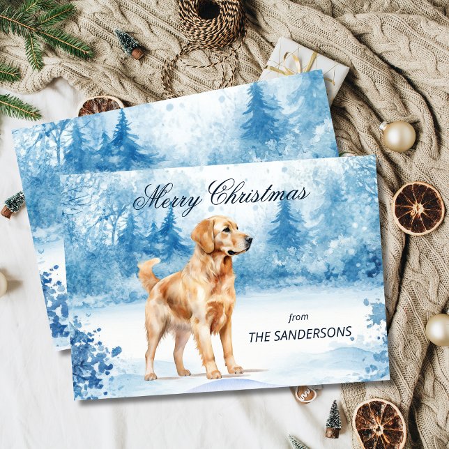 Festiva Tarjeta de vacaciones de invierno con Retriever Do (Snowy Golden Retriever Christmas holiday card)