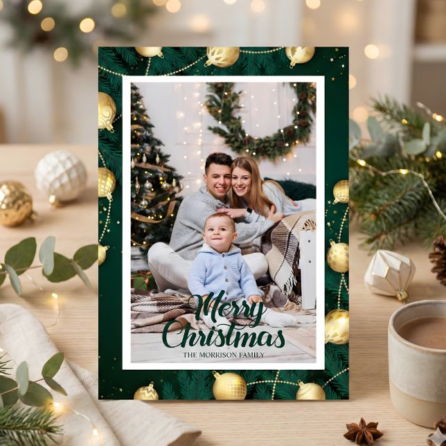 Festiva Tarjeta de vacaciones de Navidades verdes de foto  (Green Pine & Gold Ornaments Christmas Photo – Modern Script, Personalized)
