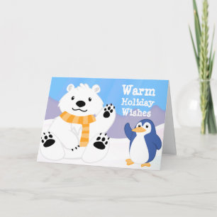 Festiva Tarjeta de vacaciones de oso polar y pingüino ador