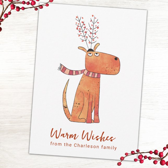 Festiva Tarjeta de vacaciones de perro falso reno divertid (Fun dog humor personalized holiday card with custom text)