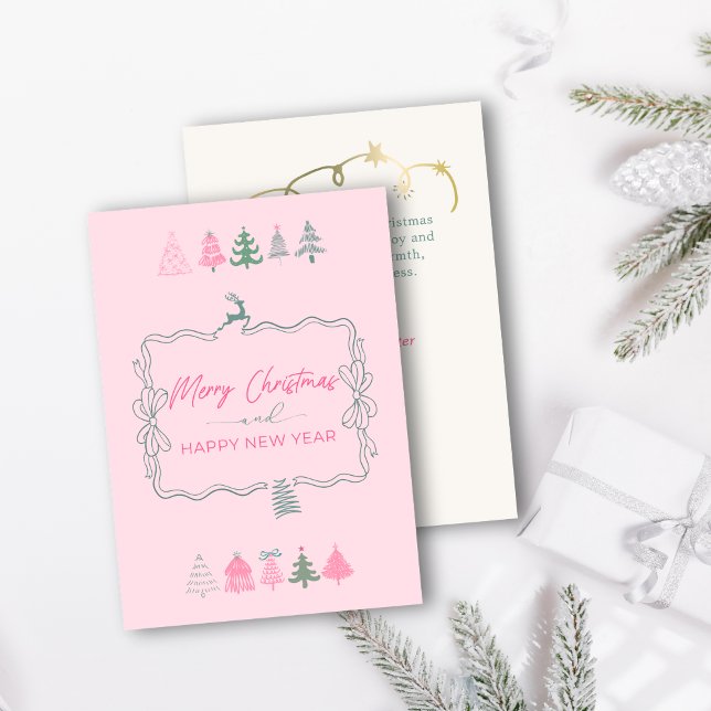 Festiva Tarjeta de vacaciones de Pink Doodle con lazo fest (Festive Bow & Chic Trees Doodle Pink Holiday Card)