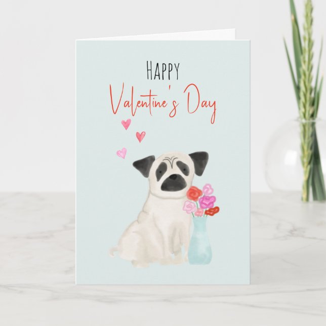 Festiva Tarjeta de vacaciones de San Valentín de perro pug (Anverso)
