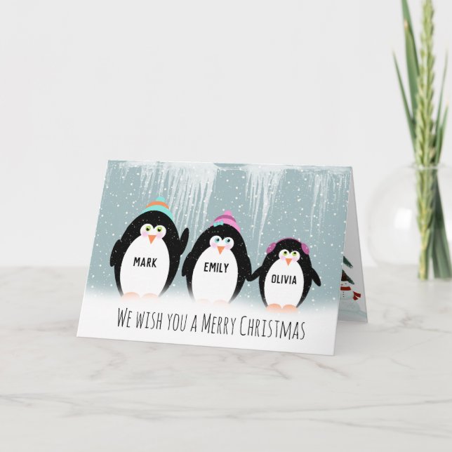Festiva Tarjeta de vacaciones familiar Penguin para navida (Anverso)